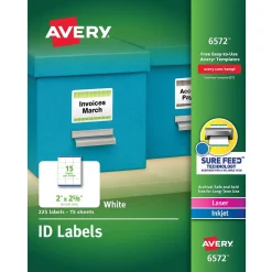 Avery Sure Feed Laser/Inkjet ID Labels, 2" x 2-5/8", White, 225 Labels/Pack (6572)