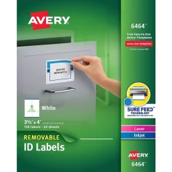 Avery Sure Feed Laser/Inkjet ID Labels, 3-1/3" x 4", White, 150 Labels/Pack (6464)