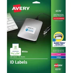 Avery Sure Feed Laser/Inkjet Identification Labels, 1 1/4" x 1 3/4", White, 15 Label Sheets/Pack (6570)