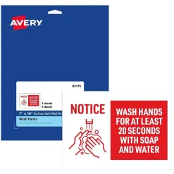 Avery Surface Safe "Wash Hands" Preprinted Wall Decals, 7" x 10", White/Red, 5/Pack (83175)