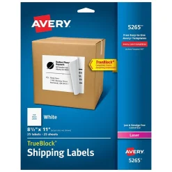 Avery TrueBlock Laser Shipping Labels, 8-1/2" x 11", White, 25 Labels/Pack (5265)