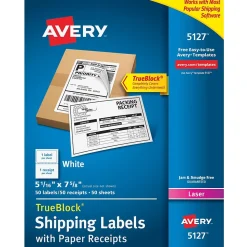 Avery TrueBlock Laser Shipping Labels with Paper Receipts, 5-1/16" x 7-5/8", White, 50 Labels/Box (5127)