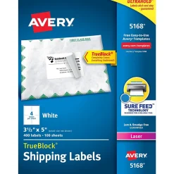 Avery TrueBlock Laser Shipping Labels, 3-1/2" x 5", White, 400 Labels/Box (5168)