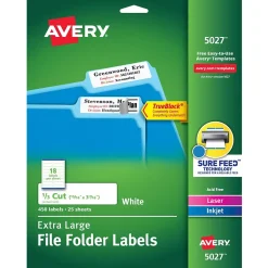 Avery TrueBlock Laser/Inkjet Extra Large File Folder Labels, 15/16" x 3-7/16", White, 450 Labels/Pack (5027)