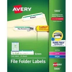 Avery TrueBlock Laser/Inkjet File Folder Labels, 2/3" x 3-7/16", White/Green, 1,500 Labels/Pack (5866)
