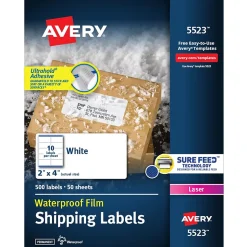 Avery Waterproof Laser Shipping Labels, 2" x 4", Matte White, 500 Labels/Box (5523)