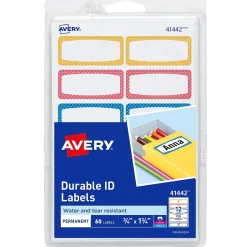 Avery Water-Resistant Laser/Inkjet ID Labels on 4" x 6" Sheets, 3/4" x 1-3/4", Assorted Border Colors, 60 Labels/Pack (41442)