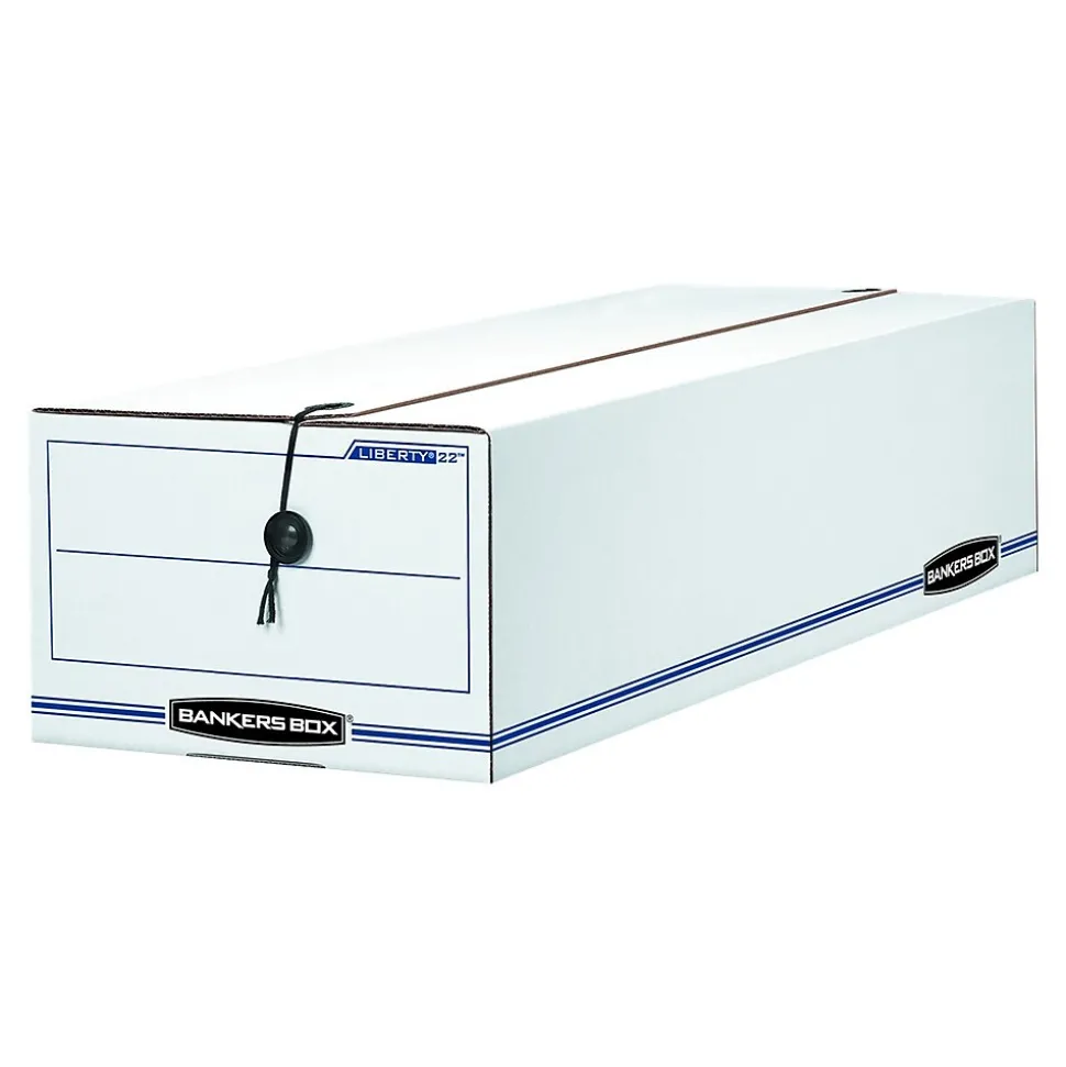Bankers Box Liberty Corrugated File Storage Boxes, String & Button Closure, Check & Form Size, White/Blue, 12/Carton (00022)