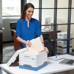 Bankers Box R-Kive Heavy Duty 60% Recycled FastFold Corrugated File Box Lift Off Lid, Letter/Legal Size, White/Blue, 20/Carton