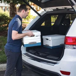 Bankers Box R-Kive Heavy Duty 60% Recycled FastFold Corrugated File Box Lift Off Lid, Letter/Legal Size, White/Blue, 20/Carton