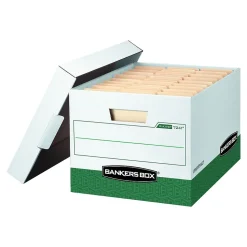 Bankers Box® R-Kive Heavy-Duty FastFold File Storage Boxes, Lift-Off Lid, Letter/Legal Size, White/Green, 12/Carton (07241)