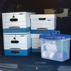 Bankers Box Stor/File Medium-Duty FastFold File Storage Boxes, String & Button, Letter/Legal Size, White/Blue, 12/Carton (00025)
