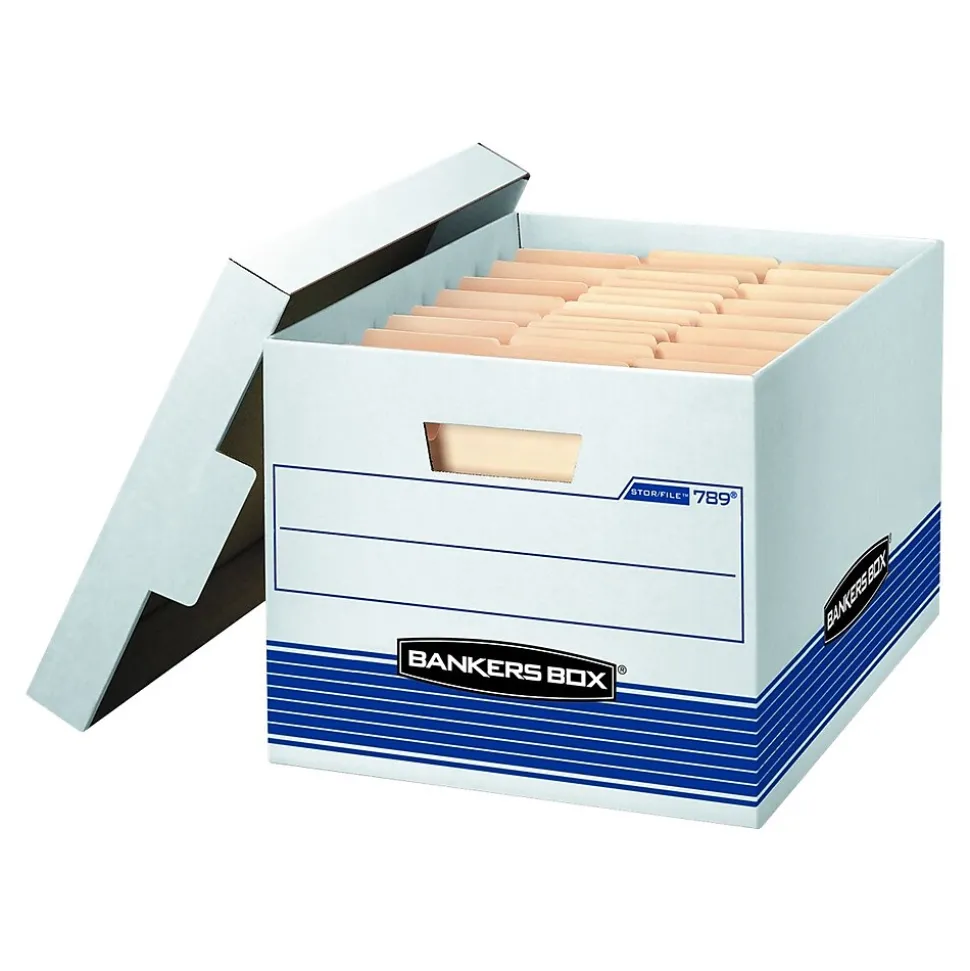 Bankers Box Stor/File™ Medium-Duty FastFold File Storage Boxes, Lift-Off Lid, Letter/Legal Size, White/Blue, 12/Carton (00789)
