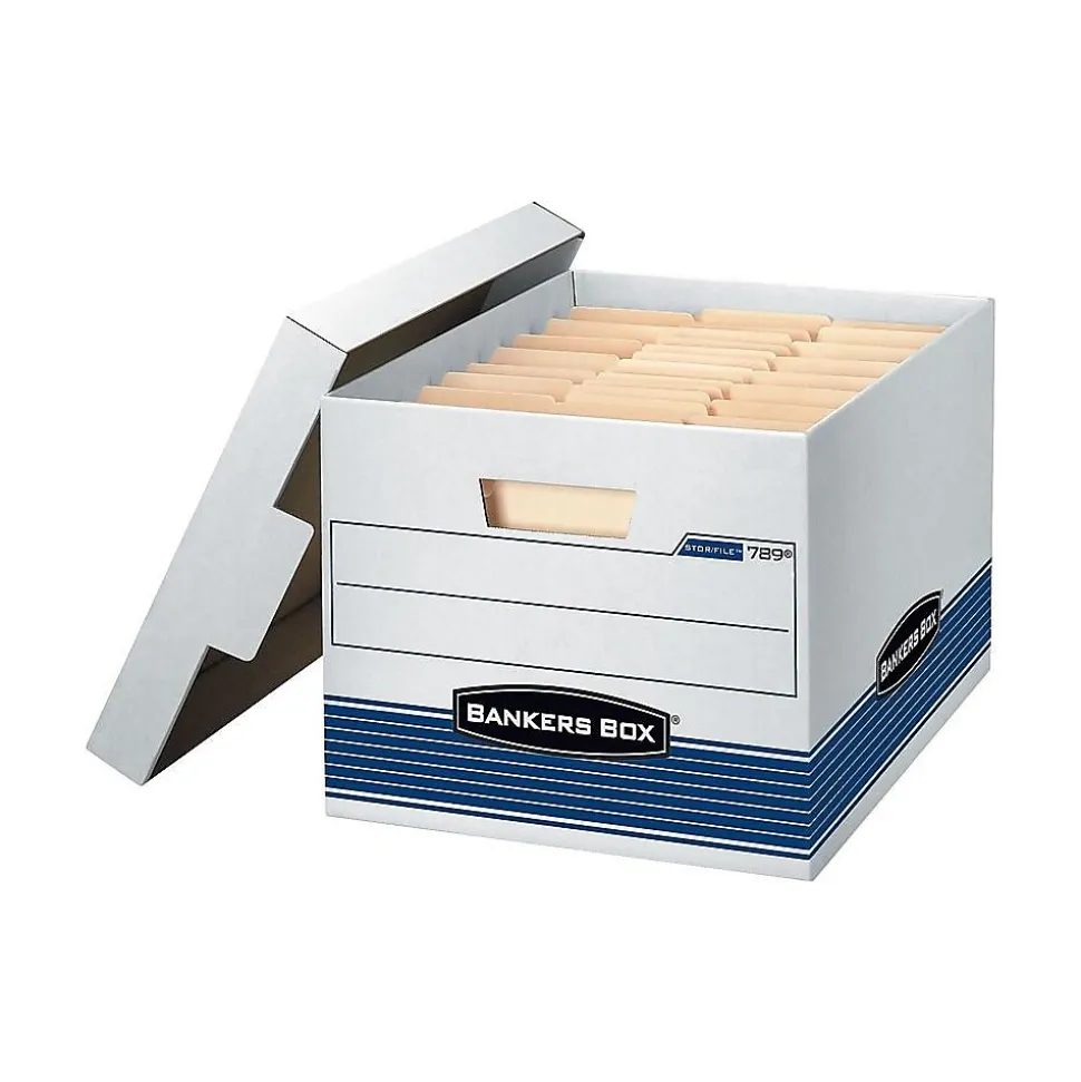 Bankers Box Stor/File™ Medium-Duty FastFold File Storage Boxes, Lift-Off Lid, Letter/Legal Size, White/Blue, 4/Carton (0078907)
