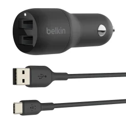 Belkin BOOST CHARGE Dual USB-A Car Charger, 24W + USB-A to USB-C Cable, Black
