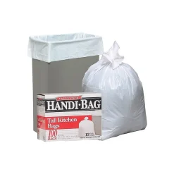 Berry Global Handi-Bag 13 Gallon Trash Bag, 23.75" x 28", Low Density, 0.6 mil, White, 100 Bags/Box (HAB6FK100)