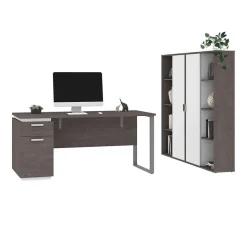 Bestar Aquarius 66" Computer Desk with Single Pedestal and 2 Storage Cabinets, Bark Grey/White (114851-000047)