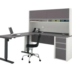 Bestar Connexion 72"W L-Desk with Hutch & Electric Height-Adjustable Desk, Slate/Sandstone (93886-59)