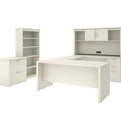 Bestar Logan 66" U-Shaped Executive Desk with Hutch, Lateral File Cabinet, and Bookcase, White Chocolate (46851-31)