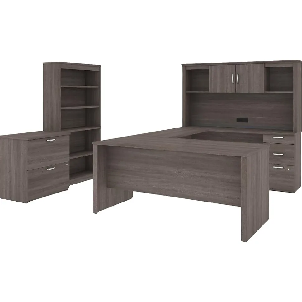 Bestar Logan 66" U-Shaped Executive Desk with Hutch, Lateral File Cabinet, and Bookcase, Bark Grey (46851-47)