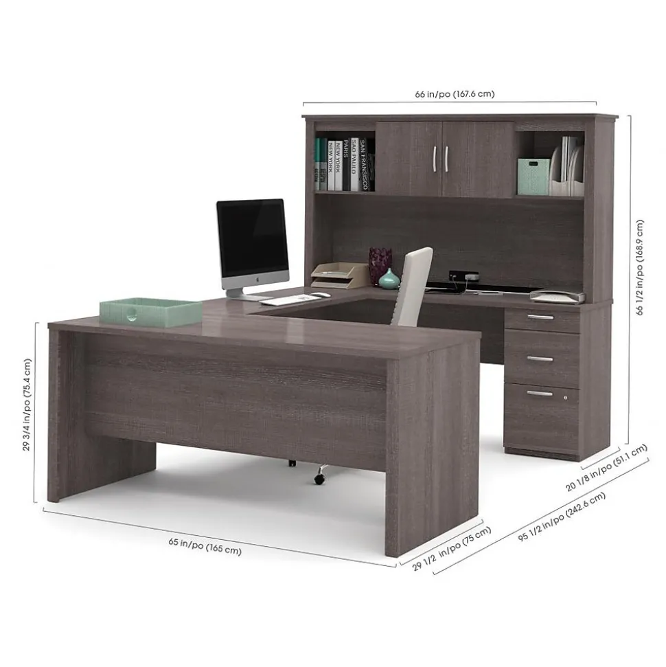 Bestar Logan 66" U-Shaped Executive Desk with Hutch, Lateral File Cabinet, and Bookcase, Bark Grey (46851-47)