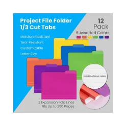 Better Office Heavy-Duty File Folders, 1/3-Cut Tab, Letter Size, Polypropylene, Neon Assorted Colors, 12/Pack (89021-12PK)