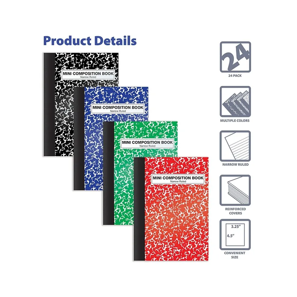 Better Office Mini Composition Notebooks, 3.25" x 4.5", Narrow Ruled, 80 Sheets, Assorted Colors, 24/Pack (25524-24PK)