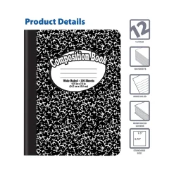 Better Office 1-Subject Composition Notebooks, 7.5" x 9.75", Wide Ruled, 100 Sheets, Black, 12/Pack (25112-12PK)