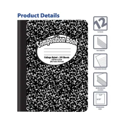 Better Office 1-Subject Composition Notebooks, 7.5" x 9.75", College Ruled, 100 Sheets, Black, 12/Pack (25312-12PK)