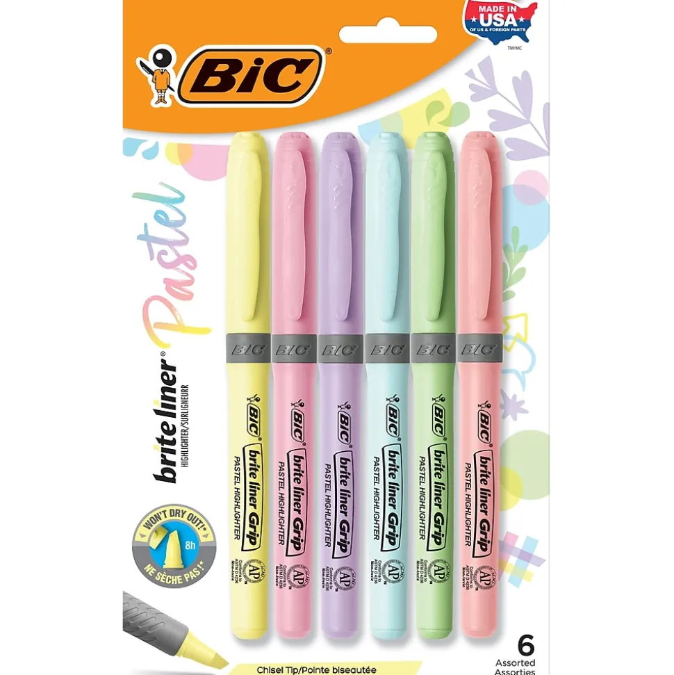 BIC Brite Liner Stick Highlighter with Grip, Chisel Tip, Assorted Pastel Colors, 6/Pack (GBLDP61-AST )
