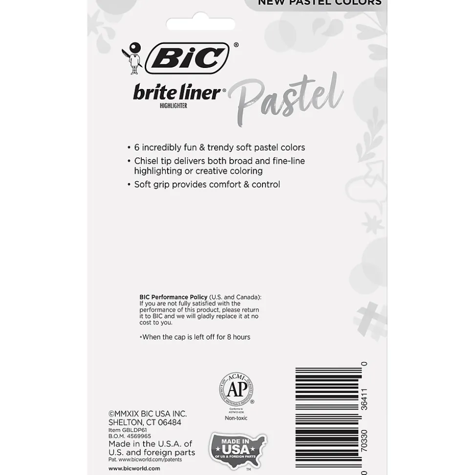 BIC Brite Liner Stick Highlighter with Grip, Chisel Tip, Assorted Pastel Colors, 6/Pack (GBLDP61-AST )