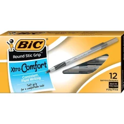 BIC Round Stic Grip Xtra Comfort Ballpoint Pens, Fine Point, 0.8mm, Black Ink, Dozen (13902)