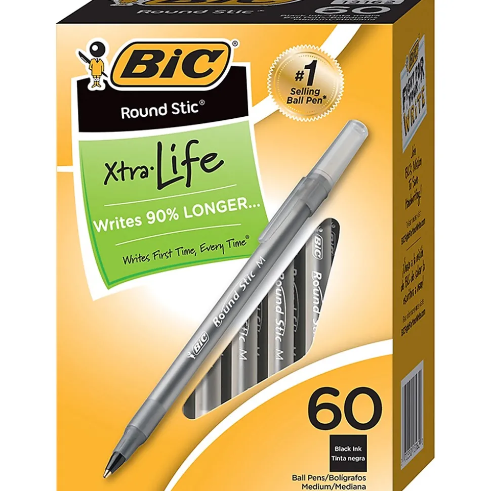 BIC Round Stic Xtra Life Ballpoint Pens, Medium Point, Black, 60/Pack, 2 Packs (BICGSM609BK-2)