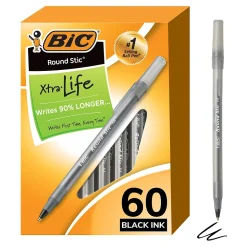 BIC Round Stic Xtra-Life Ballpoint Pens, Medium Point, 1.0mm, Black Ink, 60/Pack (GSM609-BLK)