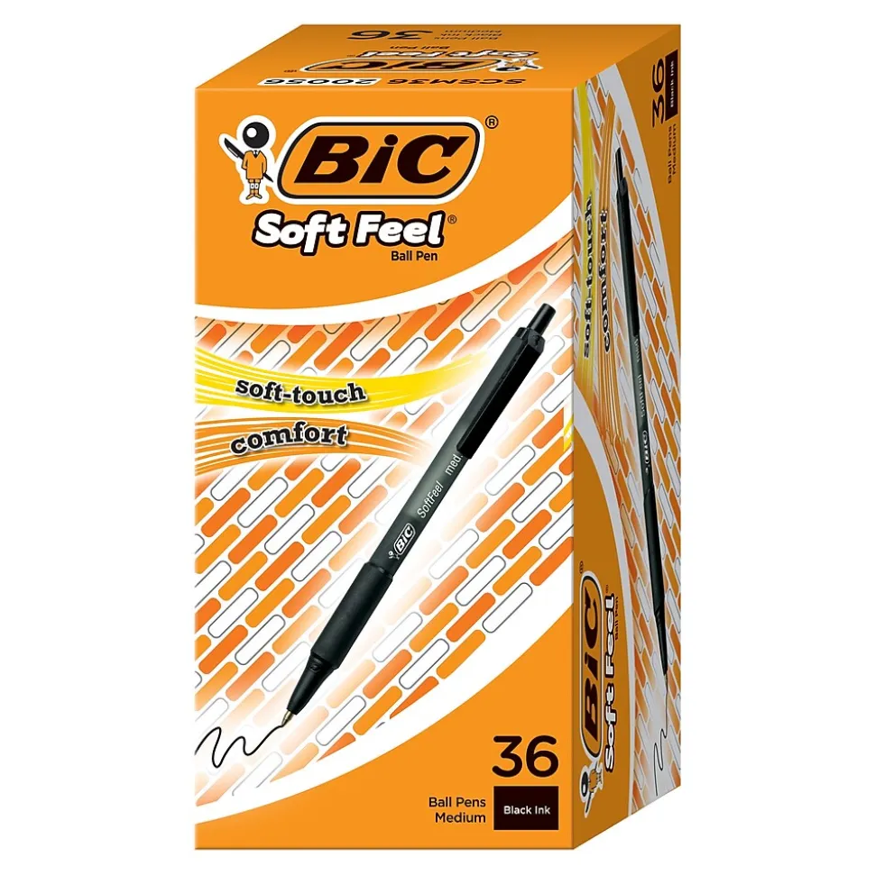BIC Soft Feel Retractable Ballpoint Pen, Medium Point, Black Ink, 36/Pack (SCSM361BLK)