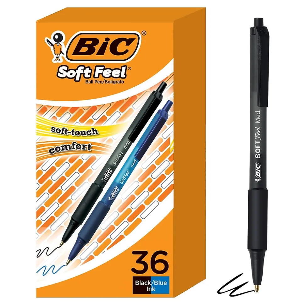 BIC Soft Feel Retractable Ballpoint Pen, Medium Point, 1.0mm, Assorted Ink, 36 Pack (SCSM361-AST)