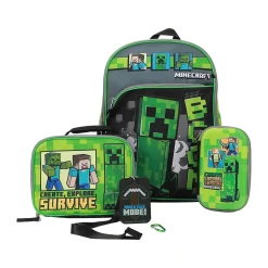 Bioworld Kids' 6-Piece Minecraft Backpack Set, Medium, Green/Black (B1Y68B6MNCSB00)