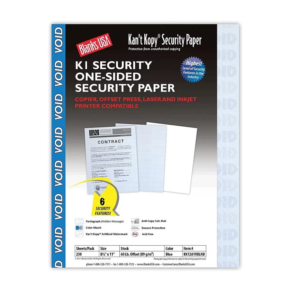 Blanks USA Kan't Kopy 8.5" x 11" Security Paper, 60 lbs., Blue, 250 Sheets/Pack (KK12A1VBLNB)
