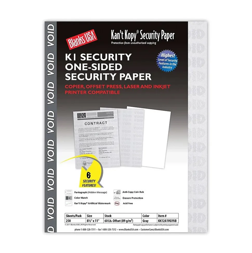 Blanks USA Kan't Kopy 8.5" x 11" Security Paper, 60 lbs., Gray, 250 Sheets/Pack (KK12A1VGYNB)