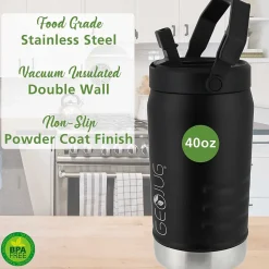 Brentwood Geojug Stainless Steel Double Walled Sports Water Jug, 40 oz., Black (G-1200BK)