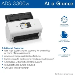 Brother ADS3300W Wireless Duplex Document Scanner, White/Black