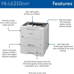 Brother HL‐L6210DWT Business Monochrome Laser Printer, Dual Paper Trays, Wireless Networking