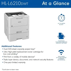 Brother HL‐L6210DWT Business Monochrome Laser Printer, Dual Paper Trays, Wireless Networking
