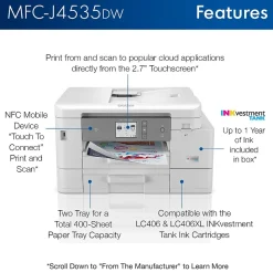 Brother INKvestment Tank MFC-J4535DW Wireless Color Inkjet Printer, All-In-One Supertank, Print, Scan, Copy, Fax