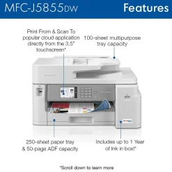 Brother INKvestment Tank MFC-J5855DW Wireless Color Inkjet Printer, All-In-One Supertank, Print, Scan, Copy, Fax