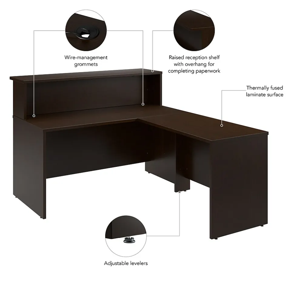 Bush Business Furniture Arrive 60"W L Shaped Reception Desk with Shelf, Mocha Cherry (ARV003MR)