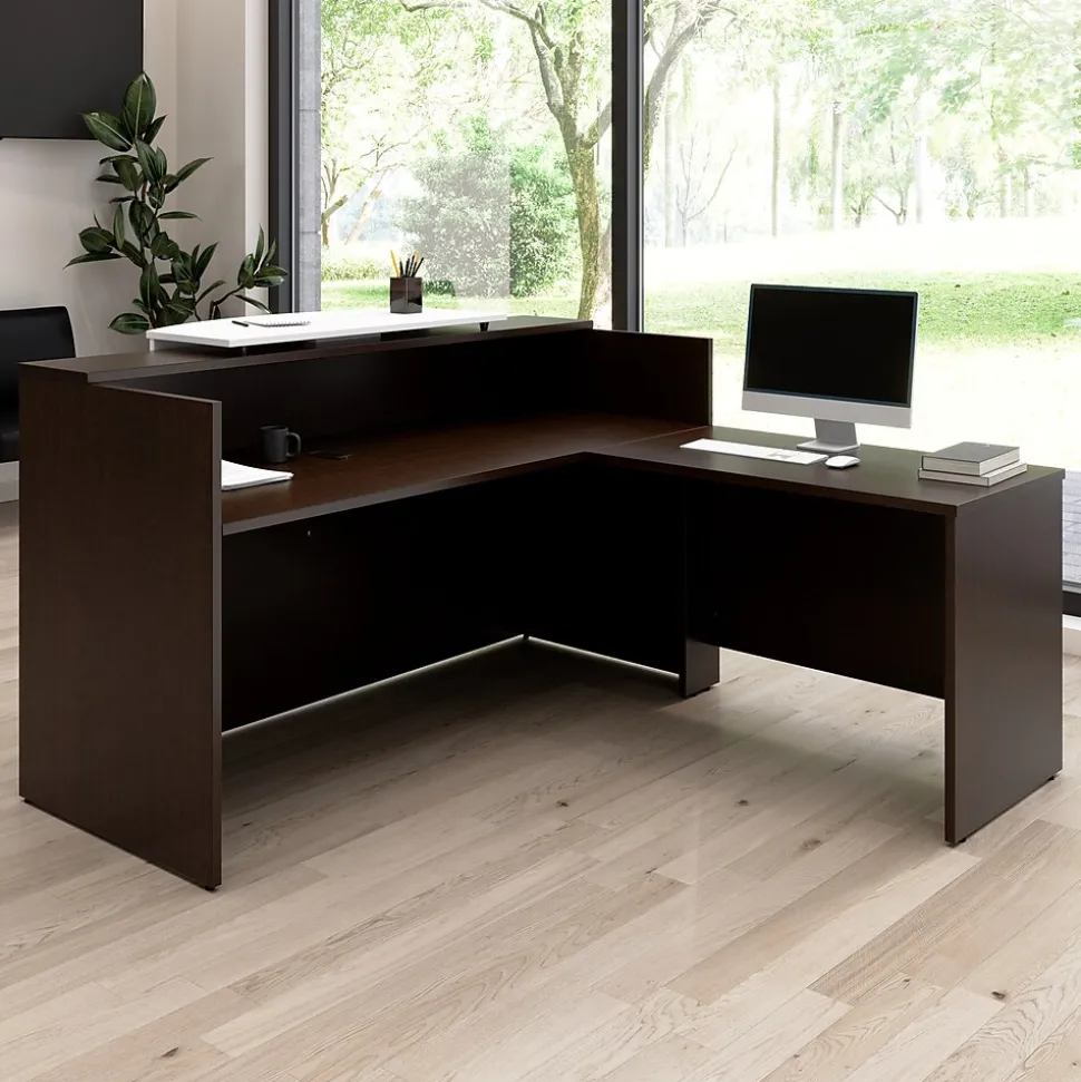 Bush Business Furniture Arrive 72"W L Shaped Reception Desk with Counter, Mocha Cherry (ARV009MR)