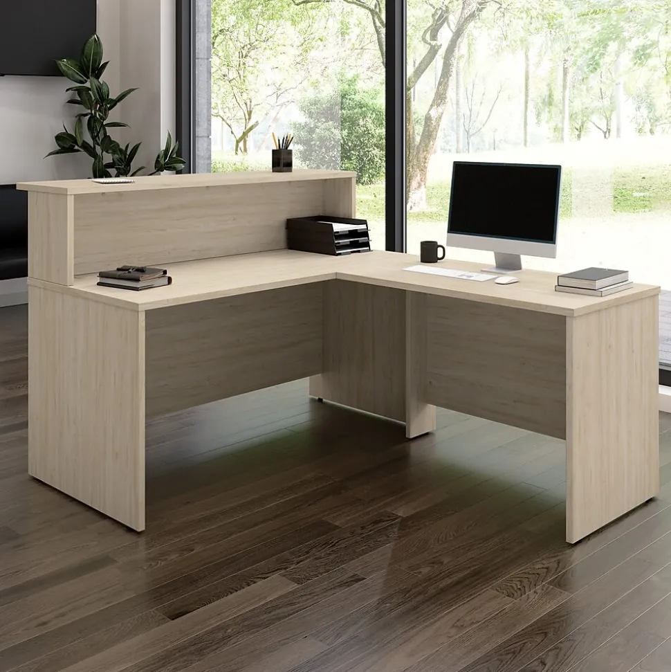 Bush Business Furniture Arrive 60"W L Shaped Reception Desk with Shelf, Natural Elm (ARV003NE)
