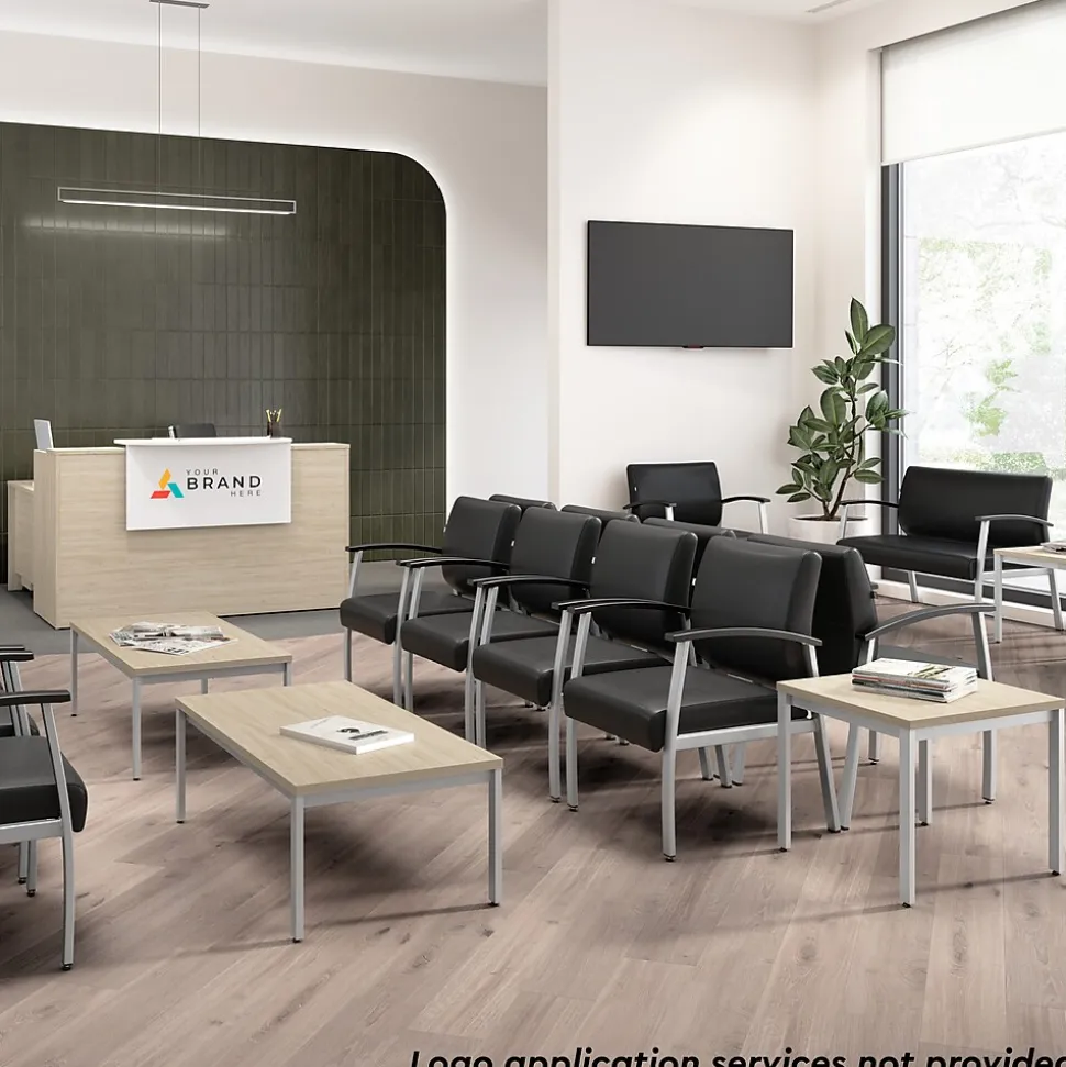 Bush Business Furniture Arrive 60"W L Shaped Reception Desk with Shelf, Natural Elm (ARV003NE)