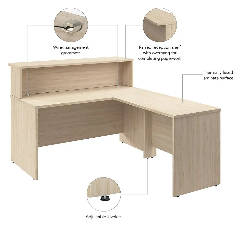 Bush Business Furniture Arrive 60"W L Shaped Reception Desk with Shelf, Natural Elm (ARV003NE)